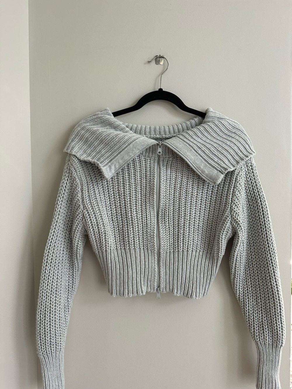 aerie Light Gray Ribbed Zip-Front Sweater with Foldover Collar, Size S